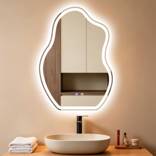 Mursche Asymmetrisch Badspiegel Mit Beleuchtung,60x80cm LED Bad Wandspiegel | Badezimmer Wandspiegel Mit Licht, IP44 60x80 cm Asymmetrischer Organischer Groß Gäste WC Badezimmerspiegel Mit Beleuchtet