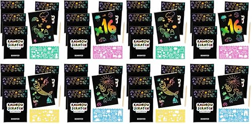BONNYCO Scratch Art Bambini, 16 Set con Quaderno da Grattare, Stencil e Penna in Legno. Gadget Compleanno Bambini, Regalini Fine Festa. Premi e Pensierini per Alunni 3-12 Anni