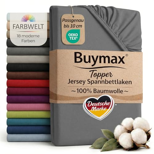 Buymax Jersey Spannbettlaken Topper 120x200 cm Anthrazit-grau 100% Baumwolle – Spannbetttuch für Topper bis 10 cm Höhe, atmungsaktiv, elastisch, Perfekter Sitz, Oeko-TEX
