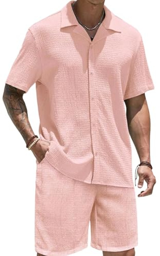 APAELEA Completo Uomo Estivo 2 Pezzi - Set Tuta Uomo Casual con Camicia a Maniche Corte e Pantaloncini - Traspirante per Mare, Vacanze e Tempo Libero Rosa L