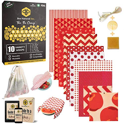 BeeNatural Lot de 10 emballages en cire d'abeille réutilisables écologiques pour cadeaux - Sac en maille en coton bio - Livre électronique gratuit - Sans déchets - Alternative sans film plastique