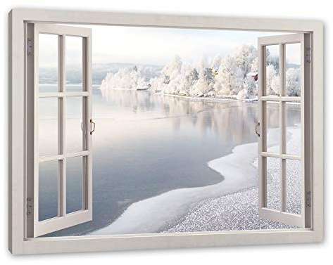 Pixxprint Atemberaubende Winterlandschaft, Fenster, Größe: 120x80cm, Leinwandbild, fertig gespannt, Wandbild, Dekoration, Kunstdruck, kein Poster