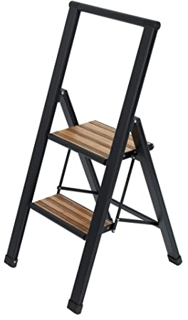 WENKO Leichte Aluminium Trittleiter mit 2 Stufen für 50 cm höheren Stand, rutschsichere XXL-Stufen, Design Klapptrittleiter mit 44 x 101 x 5,5 cm in Schwarz, TÜV Süd Zertifiziert
