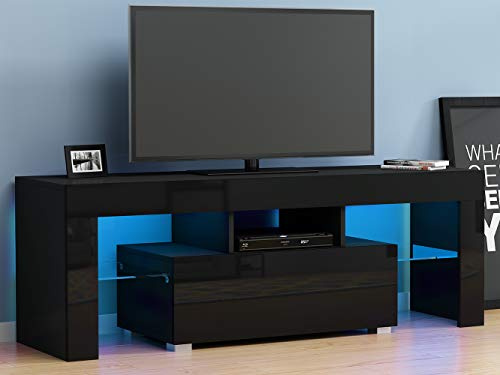 Panana RGB LED TV Stand Cabinet Unit Modern 130cm Width TV Desk with Storage Drawer for Entertainment Living Room Furniture (Black Matt Body & Black High Gloss Fronts)