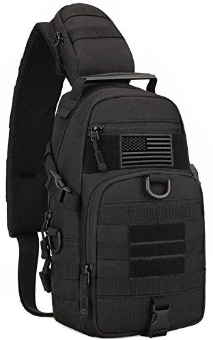 Protector Plus Tactical Sling Bag Military MOLLE Crossbody Packs Chest Shoulder Backpack EDC Diaper Satchel Motorcycle Bicycle Daypack (Patch Included), Black