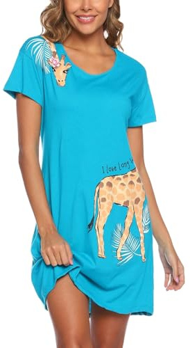 ENJOYNIGHT Camicia da notte da donna in cotone maglietta da notte a maniche corte stampa camicia da notte morbida abbigliamento da notte loungewear, Blua Giraffa, L-XL