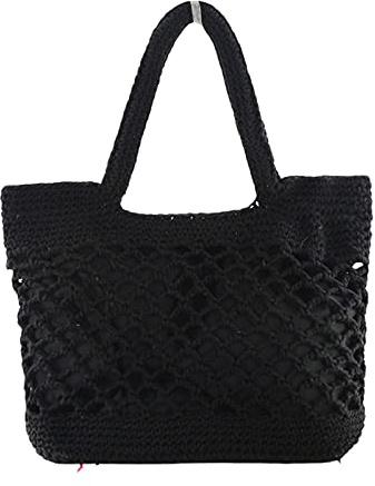 XLHH Damen Stroh Handtasche Tote, Sommer Strand Tasche Mehrfarbig Schultertasche mit Ledergriffe Henkeltasche Crossbody Einkaufstasche Basttasche (Schwarz)