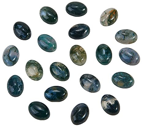 Airssory 20 Stück natürlicher Moosachat-Kristall-Edelstein-Cabochons mit flacher Rückseite, ovale Kabine für Foto-DIY-Bastelarbeiten, Halsketten, Schmuckherstellung – 14 x 10 mm