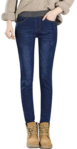 Dam vinter varm fleece fodrad stretch jeggings elastisk midja smala jeans mjuka denimbyxor, Mörkblått, 42