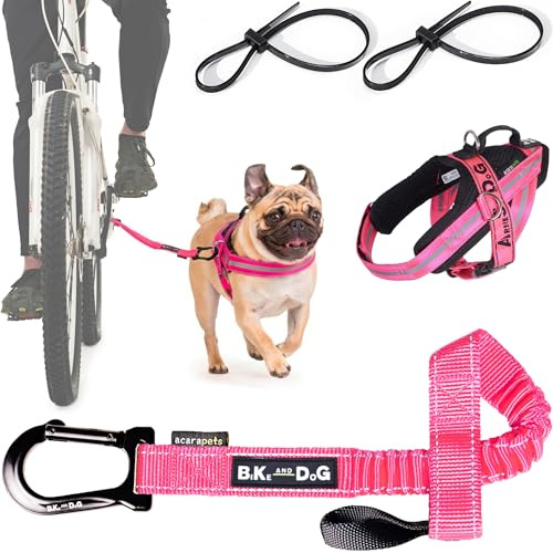 Hunde Fahrradleine und Hundegeschirr, Geschirr mit seitlichen Ringen, inklusive 2 speziellen Fahrrad-Kabelbindern. Patentiert. (Rosa, S)