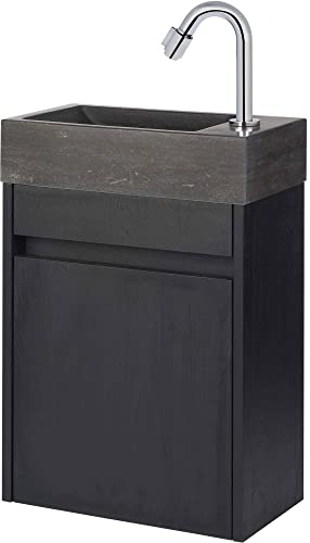 Saqu Florence Gäste WC Waschbecken mit Unterschrank Vormontiert - in Schwarzeiche mit Naturstein-Waschbecken rechts - Kleines Gäste WC Bad Möbel mit Waschtisch