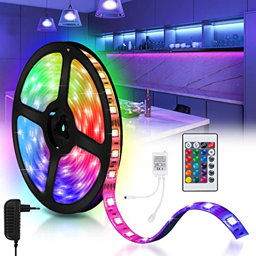 Yakimz LED Strip 20m RGB LED Streifen, Lichterkette mit Fernbedienung und Netzteil, 5050 Leds Strips mit 15 Farbwechsel und 4 Modi, Lichtband Selbstklebend, für Haus, Party, Küche