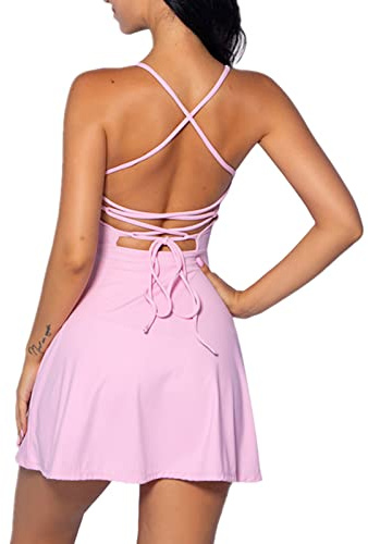 Odizli Tenniskleid Damen mit Hose Drunter Shorts Zweiteiler Frauen Sommer Camisole Tank Rückenfreies Tennis Kleid Golfkleid Workout Yoga Sport Gym Fitness Sportkleid Sommerkleid Sportkleidung Rosa S