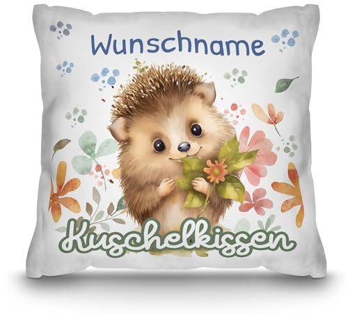 Print Royal PR Personalisiertes Kuschel-Kissen für Kinder mit Füllung - mit Name selbst gestalten - Igel Kissen für Mädchen und Jungs, Kinderkissen mit Name | 40 x 40 cm, Weiß Polyester