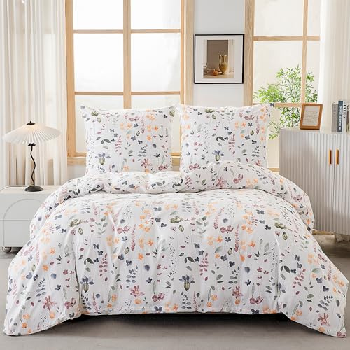 ATsense Bettwäsche 155x220 Baumwolle, 2 teilig Bettwäsche-Sets, Bunt Pflanzen Blumen Muster, ÖKO-TEX Weiche Bettbezug Set mit Reißverschluss und 1 mal 80x80cm Kissenbezug