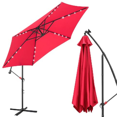 Fiqops Sonnenschirm Ø300/350cm mit Kurbel ohne/mit LED Solar| Ampelschirm mit Ständer | Gartenschirm Sonnenschutz UV-Schutz | Kurbelschirm Marktschirm wasserdicht für Garten
