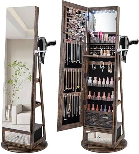 HOMASIS Armoire à bijoux avec LED - Miroir rotatif avec tiroirs - Étagère à bijoux verrouillable avec étagères - Boîte à bijoux avec support pour sèche-cheveux - Organisateur de bijoux en bois (marron