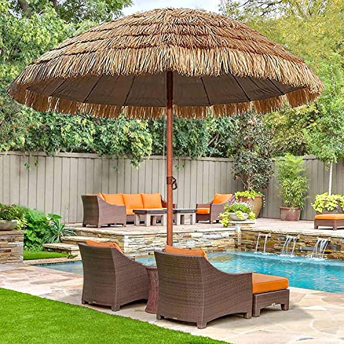 m großer Sonnenschirm für den Garten und die Terrasse, tropischer hawaiianischer Bast-Strohschirm, Faltbarer Strandschirm mit 45°-Neigung, 8 stabile Rippen, Sonnenschutz/wasserdicht, rund