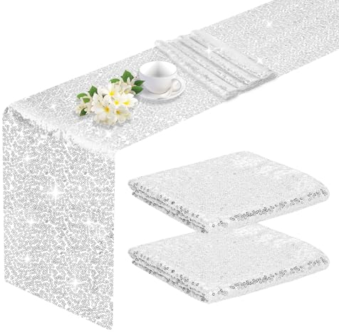 Anstore Tischband Silber Pailletten, Vlies Tischläufer 30x180cm für Rechtecktisch, 2-PK Tischdekorationen für Geburtstag, Tischläufer Hochzeiten, Weihnachten, Thanksgiving, Osterpartys