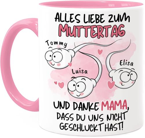 Tassenliebling® Personalisierte Mama Tasse mit 1-3 Kindern - Danke, dass du mich nicht geschluckt hast - Rosa - Muttertagsgeschenk - Geschenk für Mutter