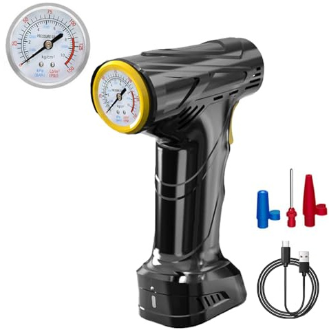 Shkalacar 120 W Auto Luftpumpe, Hand Luftkompressor mit LED-Licht, Mechanisches Manometer, Tragbarer Reifenfüller für Auto, Motorrad, Fahrrad, Reifen, Bälle, Schwimmringe(Eingebauter 6000-mAh-Akku)