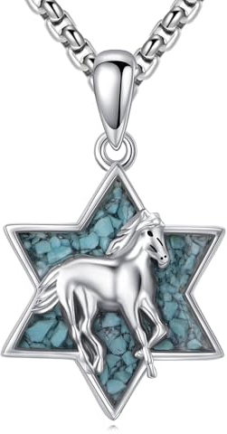 Star of David Necklace Sterling Sliver Turquoise Horse Pendant Necklace Jewish Jewellery Gifts for Women Men