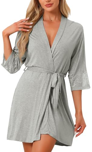 cheibear Womens Lace Robe Short Bathrobe Lightweight Thin Sleepwear Soft Loungewear with Pockets Light Gray S