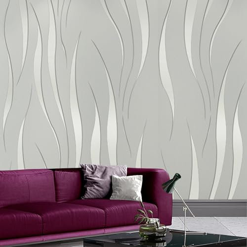 Beswitory Embossed Wallpaper Wave Stripes Roll 3D Silver Glitter Wallpaper Feature Modern Geometric Patterned Taupe for Adults Kids Bedroom Living Room Hallway Stairs Lounge