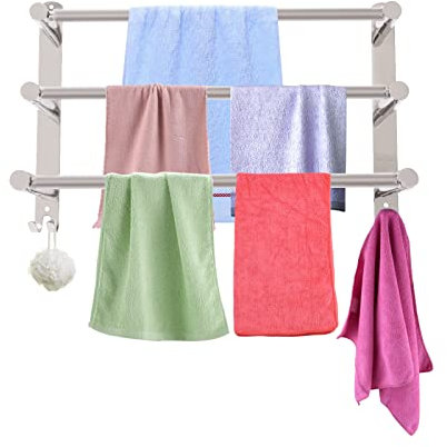 Toallero sin taladrar – Toallero de baño extensible 43 – 78 cm – Toallero de acero inoxidable con ganchos – Plata 3 capas – para baño cocina