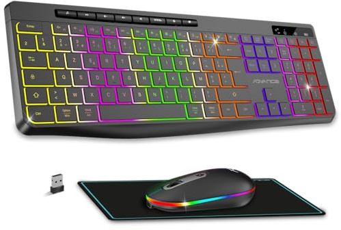 AD Advance - R Type, Ensemble Clavier Souris sans Fil Silencieux + Tapis Antidérapant, Rétroéclairé RGB, Souris LED Optique 1600 DPI, Kit Bureautique Rechargeable, pour PC, Mac & Ordinateur Portable