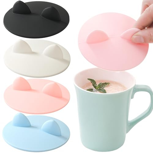 MINGZE 4 Pcs Silicone Glass Cup Covers, Reusable Anti-dust Cup Cover, Food-grade Drink Coffee Beer Mug Wine Glass Creative Cute Anti-Dust Cup Lids Cat Ears