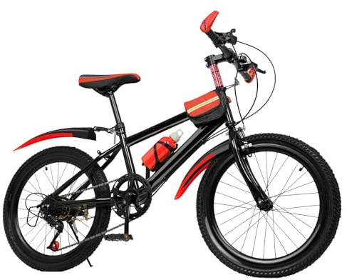 DAOHHFO 20 Inch Mountain Bike, Bicycle for Kids Ages 8-12 Kids Mountain Bike 7 Speed Front & Rear Dual Brake Height Adjustable with Fenders, Water Bottle & Compass for 130-150CM, Max 85KG (Rot)