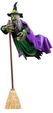 Bruja Voladora - Bruja Voladora En Escoba | Bruja Voladora Grande De 6 Pies | Decoraciones De Halloween Con Escoba De Bruja Animada Aterradora Para Casa Encantada, Jardín, Patio, Césped, Interior Y Ex