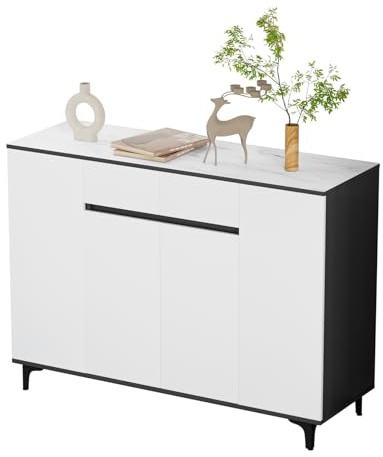qorkhogr Sideboard, Buffetschrank mit Stauraum, Aufbewahrungsschrank mit 4 Türen und 2 Schubladen, Holz, moderner Bauernhaus-Kaffee-Barschrank für Küche, Esszimmer, Wohnzimmer, Weiß
