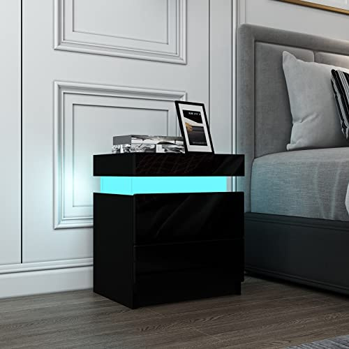 Nachttisch mit Geheimfach 2 Schubladen, Hochglanz Schwarz Nachtschrank | LED-Beleuchtung, Moderner Nachttische Beistelltisch für Schlafzimmer, Wohnzimmer, 45 x 35 x 52 cm