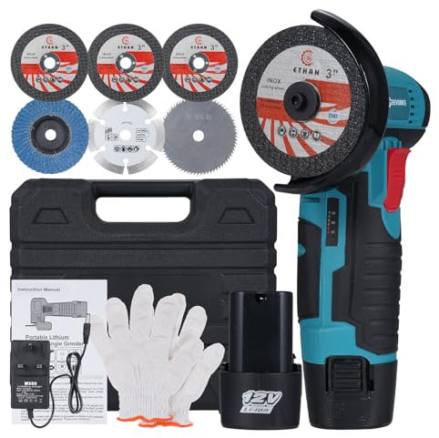 Geevorks Mini Cordless Angle Grinder,12V Battery Angle Grinder with Charger, 75mm 19500RPM,with 2 x 2000mAh Batteries,7 Cutting Discs,Low Noise, for Cutting, Polishing