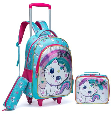 Egchescebo Rucksack mit Rollen Kinderkoffer Mädchen Kinder für Koffer Schultrolley Kindertrolley Trolley Groß Schultasche Handgepäck Kindergepäck 3pcs Sätze Geeignet für Grundschüler Grüne Katze
