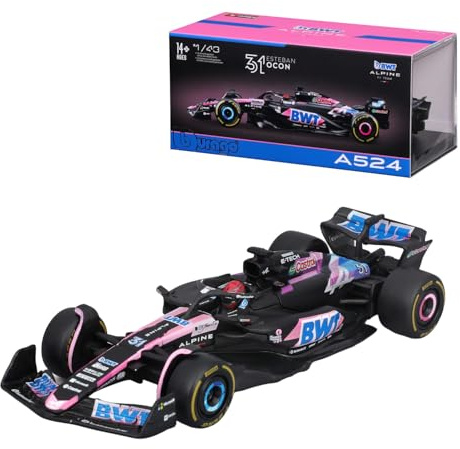 Bburago Formel 1 Alpine A524 (2024): Modellauto im Maßstab 1:43, von Fahrer #31 Esteban Ocon, Window Box, 12,5 cm, schwarz pink (18-38220O)