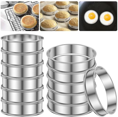 Gatphy 12Pcs Stainless Steel Crumpet Rings Non Stick English Muffin Rings | 8cm 10cm Double Rolled Muffin Tart Ring, for Baking Cooking Crumpets, Eggs, Pancakes, Pastry, Mousse