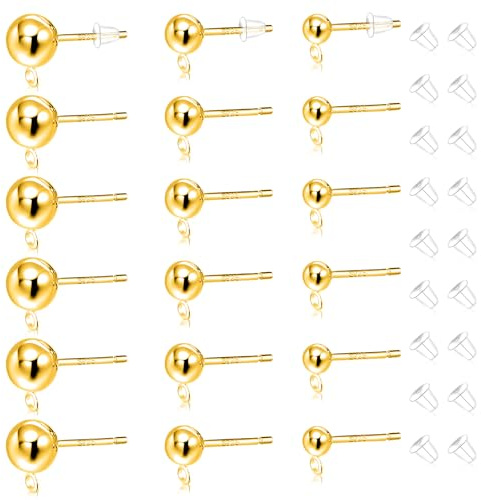 36 Pezzi Perni per Orecchini in Argento Sterling per la Creazione di Gioielli con Passante, Perni per Orecchini a Sfera Rotondi di 3 Misure con Fermagli, Perni a Sfera Ipoallergenici (Oro)