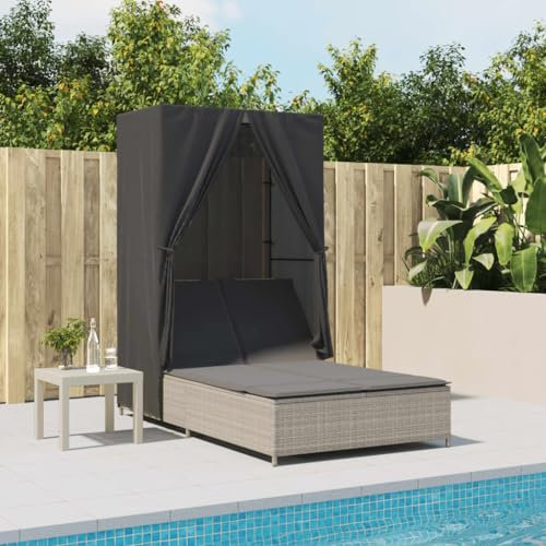 Homgoday Doppel-Sonnenliege mit Dach und Vorhängen Gartenliege Doppelliege Balkonliege Relaxliege Sonnenliegen für 2 Personen Garten Relaxliege Hellgrau Poly Rattan