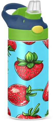 JUMBEAR Delicious Strawberries Bouteille d'eau pour enfants de 350 ml, bouteille d'eau de sport isotherme avec couvercle à paille, bouteille d'eau en acier inoxydable pour garçons et filles