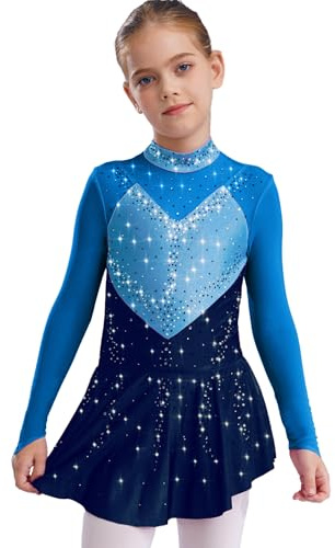 Miaeowve Kürkleider Rollkunstlauf Kinder Mödchen Strass Glitzer Eiskunstlauf Kleid Langarm Ballettkleid Stehkragen Mesh Patchwork Tanzkleid Dancewear
