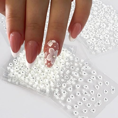Cosmeria Nagelsticker, 30 Blumen Nagelaufkleber mit Strasssteinen, Selbstklebende 3D Nageldesigns, DIY Nagelkunst für Frauen und Mädchen