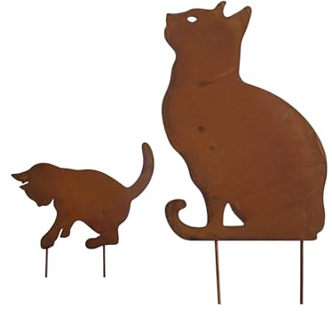 Bornhöft Gartendeko Gartenstecker Katze mit Kitte Katzenbaby Edelrost Rost-Optik Metallfigur, Gartenskulptur rostige Deko aus Metall Beetstecker Wetterfest