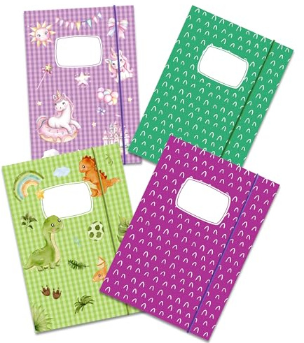 4 Hochwertige Postmappe A4 aus Papier für Kinder，Schulmappen Set für Grundschüler, Postmappe Schule mit Gummizug, Einhorn & Dinosaurier