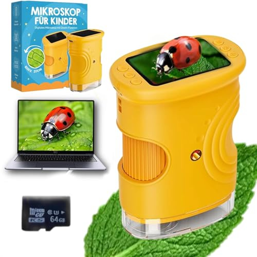 2025 Neueste Abenteuer-Mikroskop Für Kinder, Tragbares 1000x Kinder Mikroskop, Digitales Handmikroskop Mit 64GB SD-Karte, 2 Zoll IPS HD-Bildschirm, Geschenk Für Ausflüge (A+64GB SD-Karte)