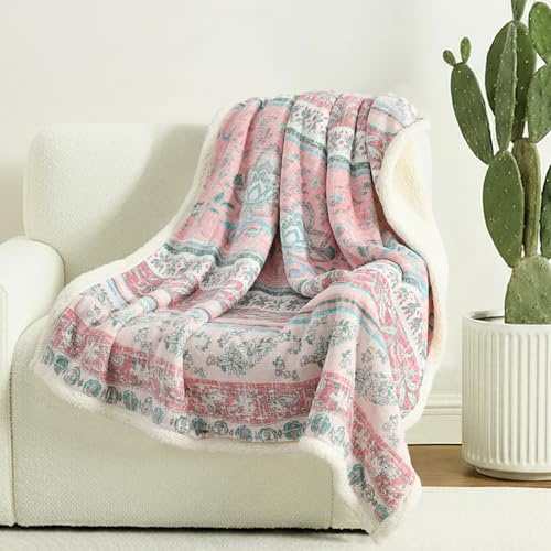 Boho Floral Sherpa Throw Blanket, Reversible Flannel Print & Soft Sherpa, Cozy Fleece Blanket - Pink Bohemian throw for Sofa, Couch, Bed, Home Decor