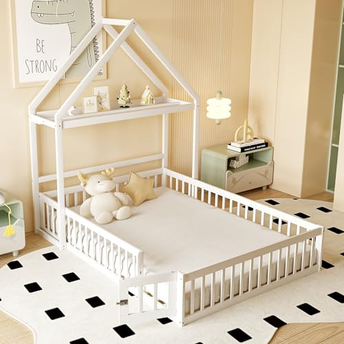 LAKFEW Bodenbett 140x200 cm Kinderbett mit Rausfallschutz, Bett mit Stauraum, Jugendbett Holzbett mit Lattenrost, Kinderzimmer Möbel, Ohne Matratze, Weiß