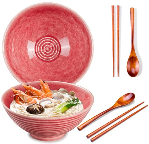 Ceraozmus 2x Ramen Schüssel Keramik - 1200ml - 20 cm -Mit Löffel und Essstäbchen for Ramen Soup Pho Udon Asian Noodles,Large Noodle Bowls(Rosa 2 Satz)